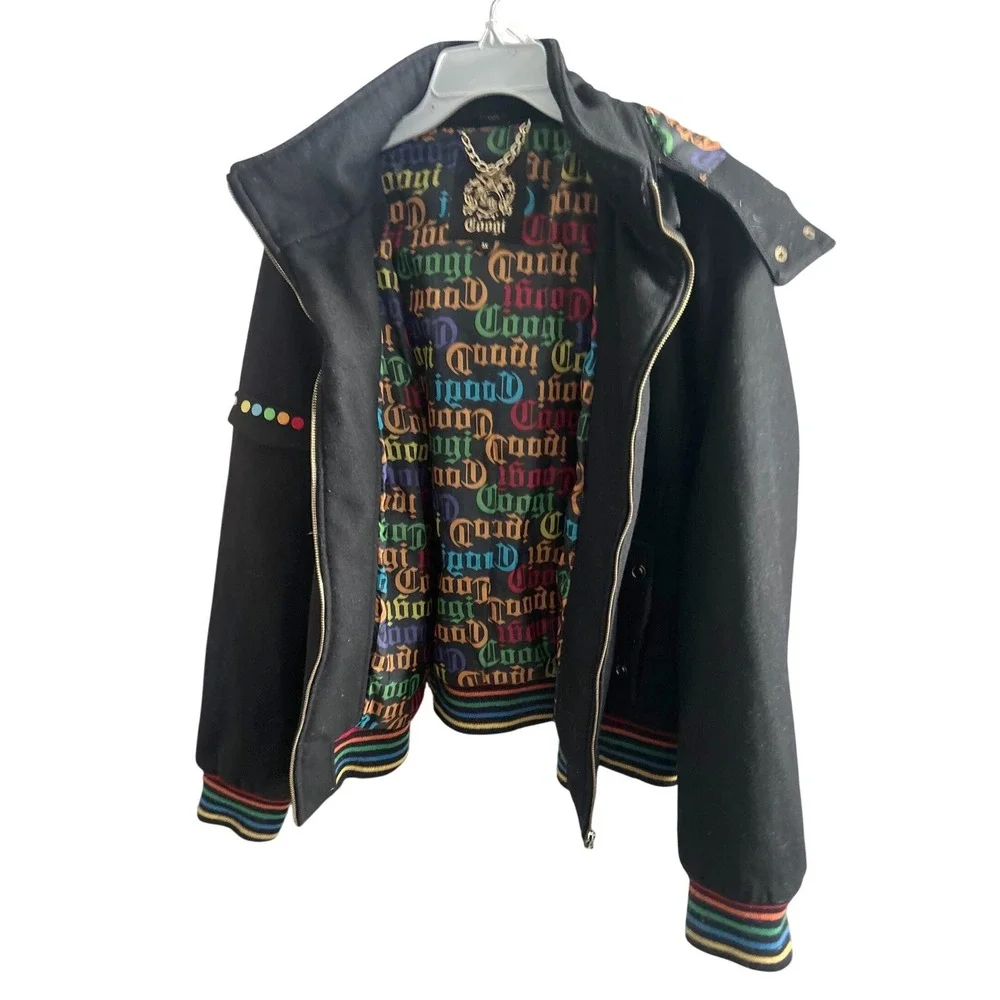 Coogi Black Wool‎ Blend Bomber Jacket Colorful Logo Lining Faux Fur Hood Mens 3X